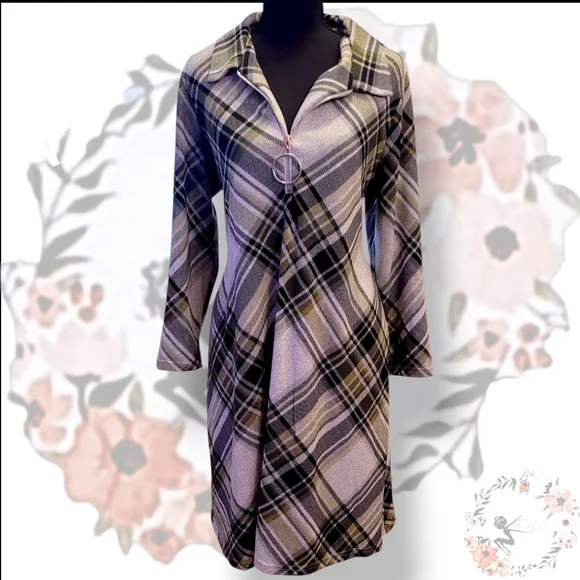R&K Gray and Black Plaid Long Sleeve Dress. Size L - Picture 2 of 6